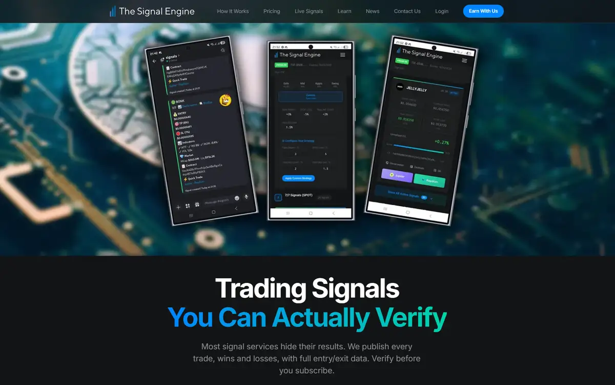 The Signal Engine website, a fully automated trading signals platform with verifiable track records
